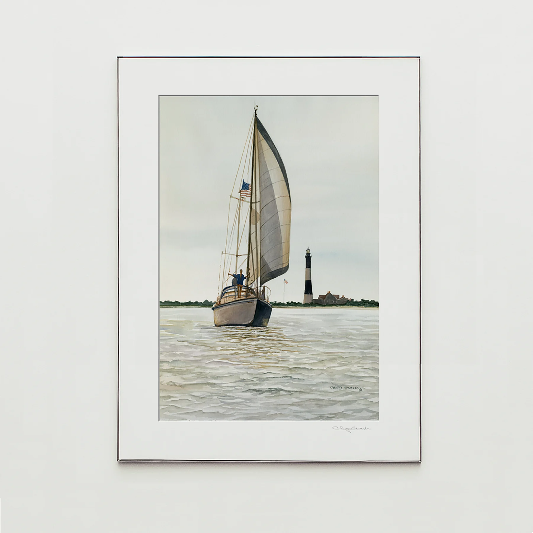 SAILING BY LIGHTHOUSE, watercolor print by Christy Edwards