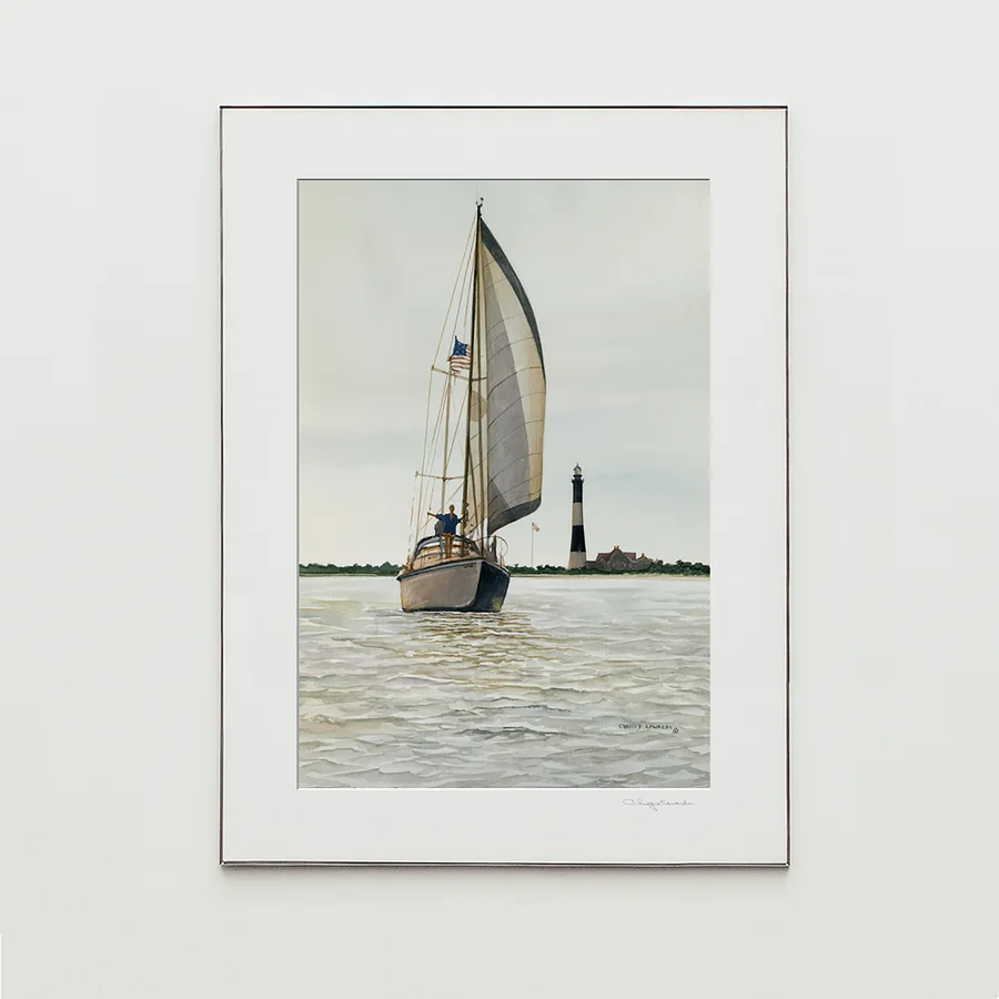 SAILING BY LIGHTHOUSE, watercolor print by Christy Edwards